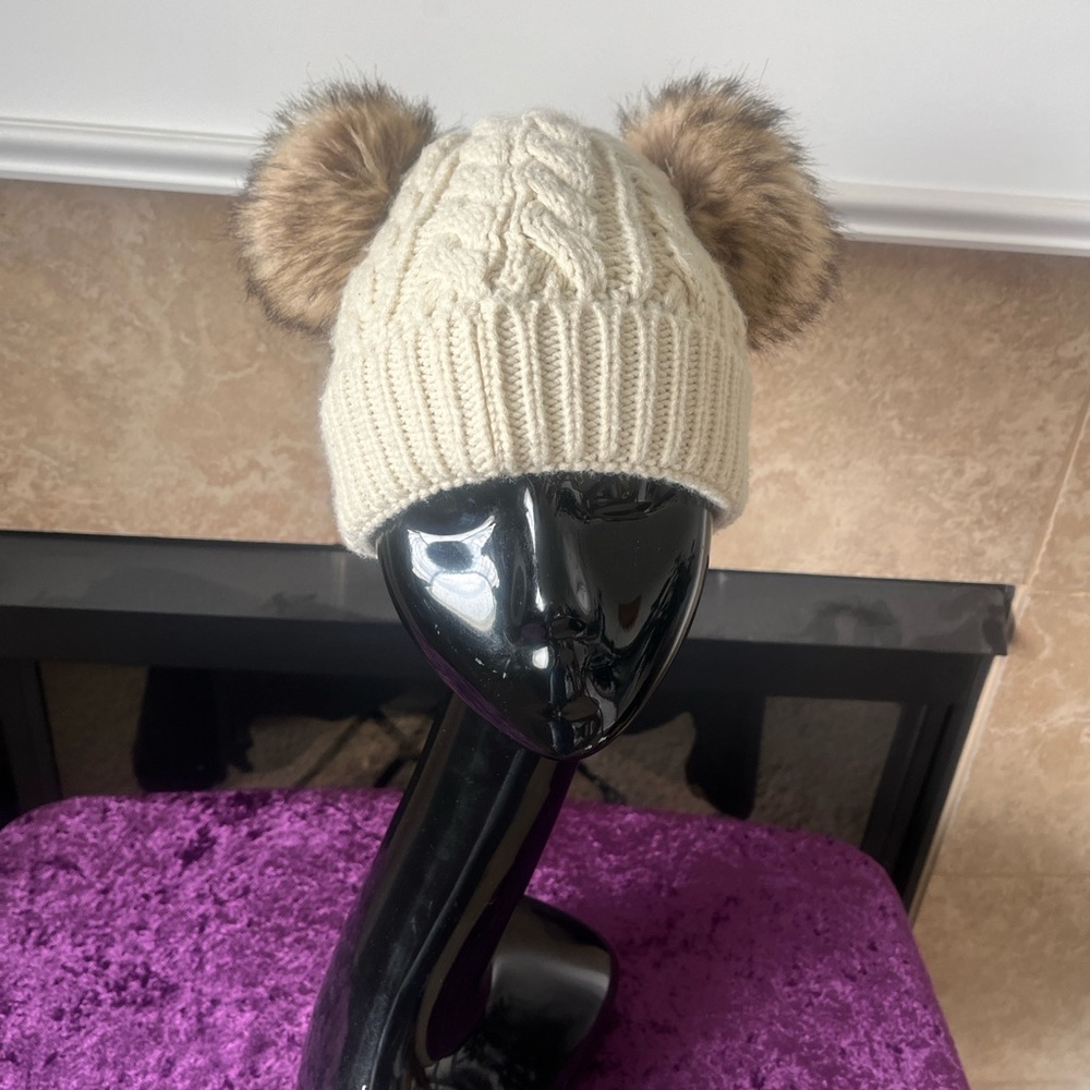 Cozy Cream Knit Kids Hat with Faux Fur Pom Poms